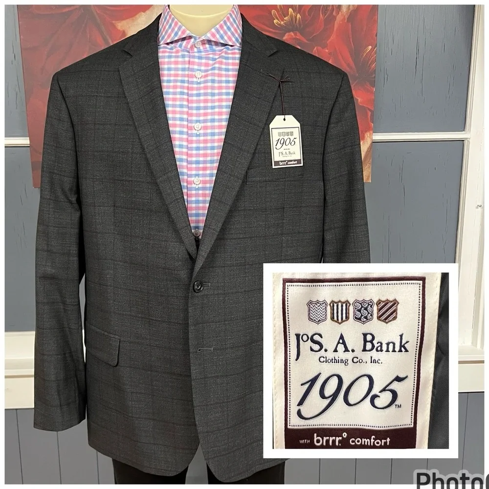 Jos A Bank Suit Top Jacket Mens 50R Slim Fit Wool Stretch Dark Gray/Dark Red